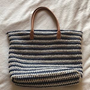 H & M Woven Straw Navy White Tote